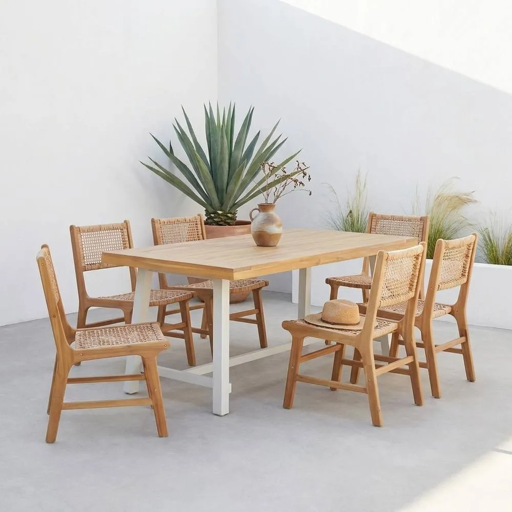 sweeek Indoor/outdoor table in acacia wood & metal + 6 woven resin seats in Beige
