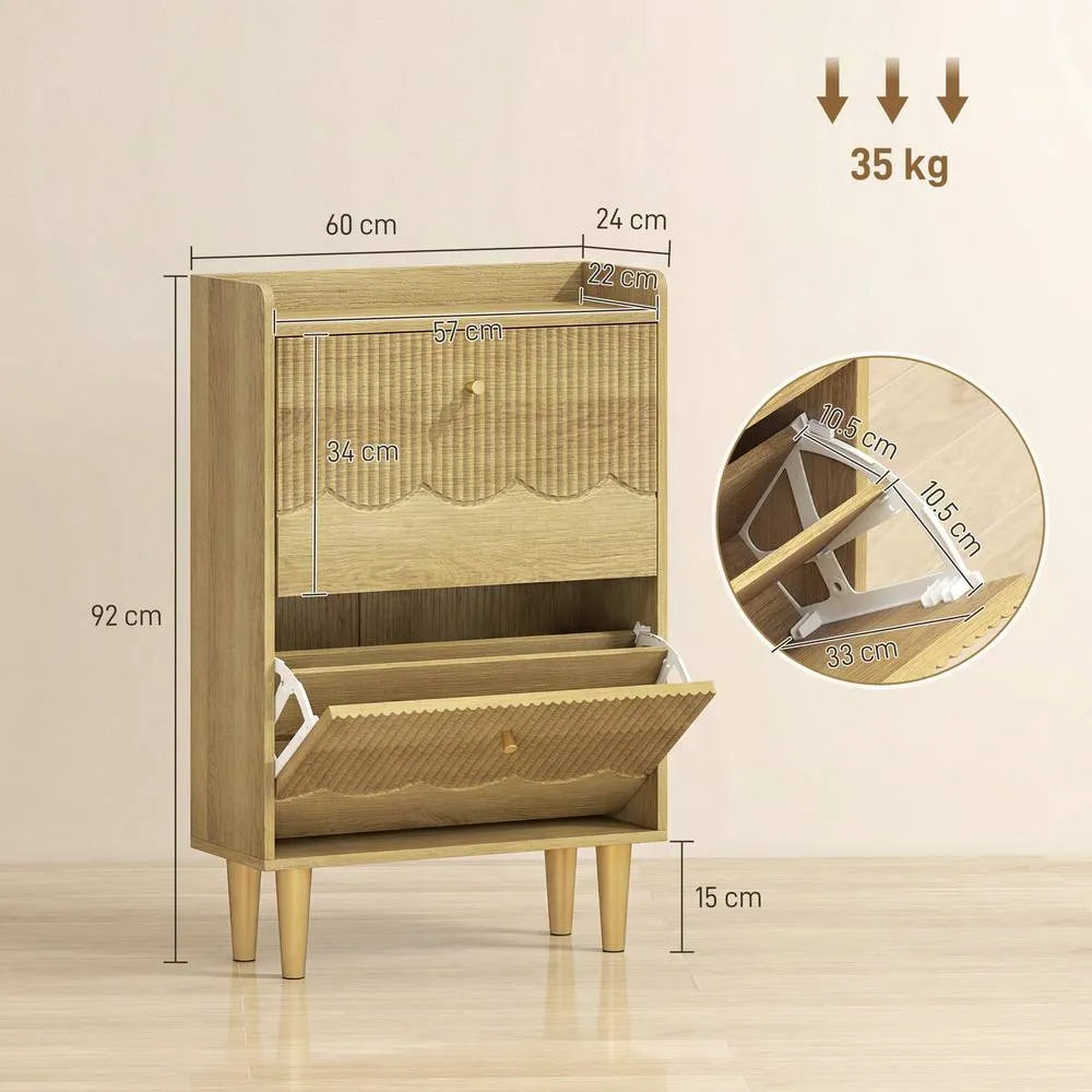 HOMCOM Narrow Shoe Cabinet, Shoe Storage Cabinet with 2 Flip Drawers, Oak in Natural 3
