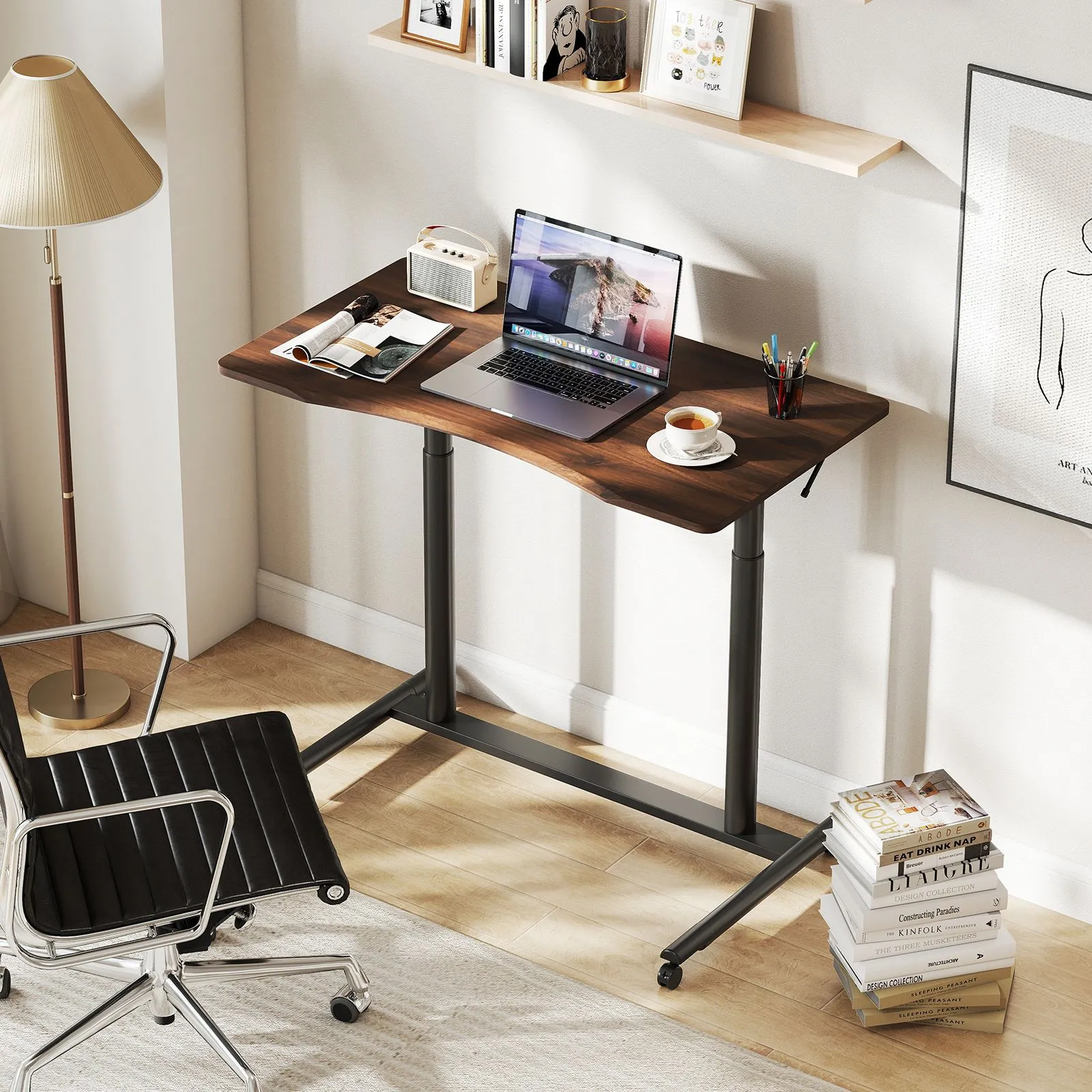 Costway Mobile Standing Desk C-Shaped Sit Stand Desk w/Adjustable Height in Brown 6