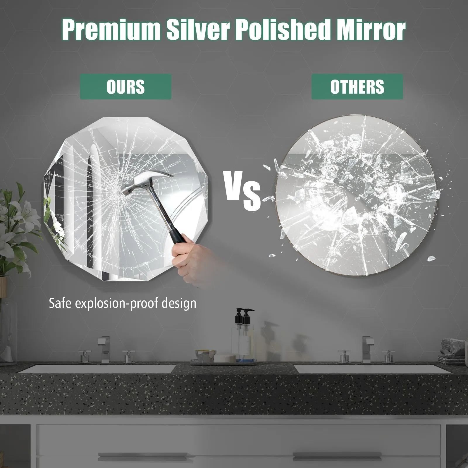Costway Wall Mounted Silver Polished Mirror Frameless Bathroom Vanity Mirror Makeup Mirror in Clear 6