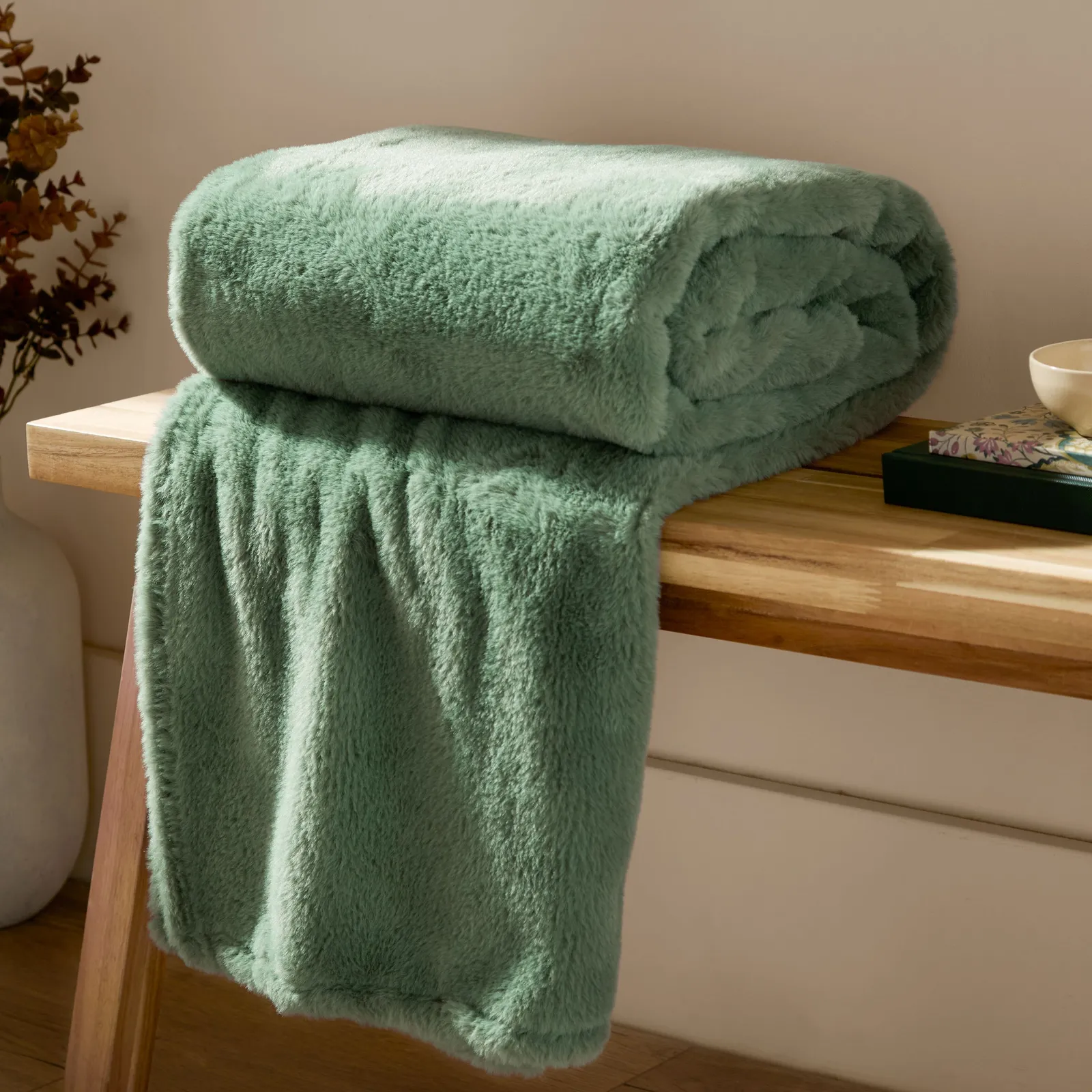 Furn Kallu Reversible Faux-Fur Throw in Light Green