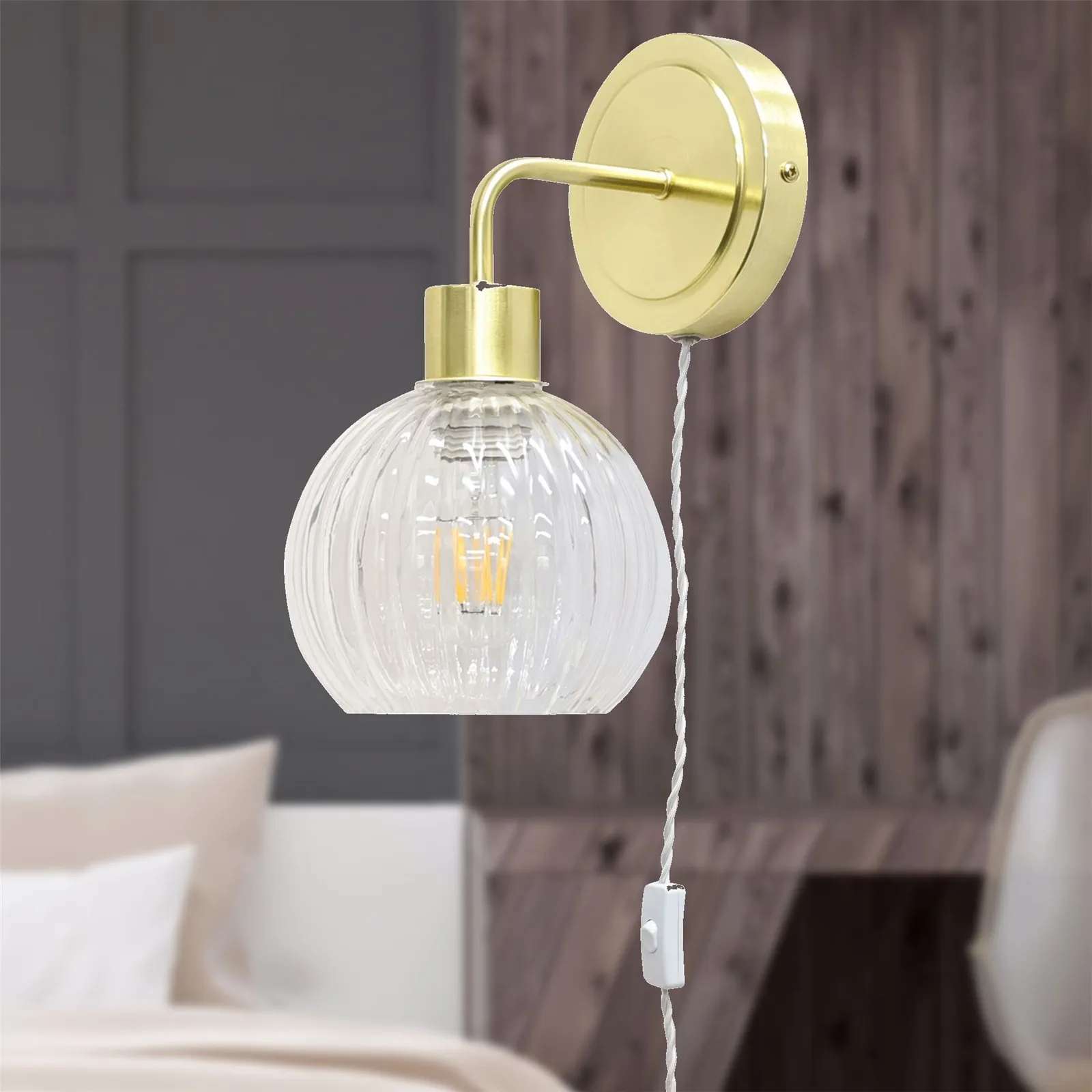 First Choice Lighting Set of 2 Toby - Satin Brass Plug in Wall Lights Clear Ribbed Shades in Gold 4