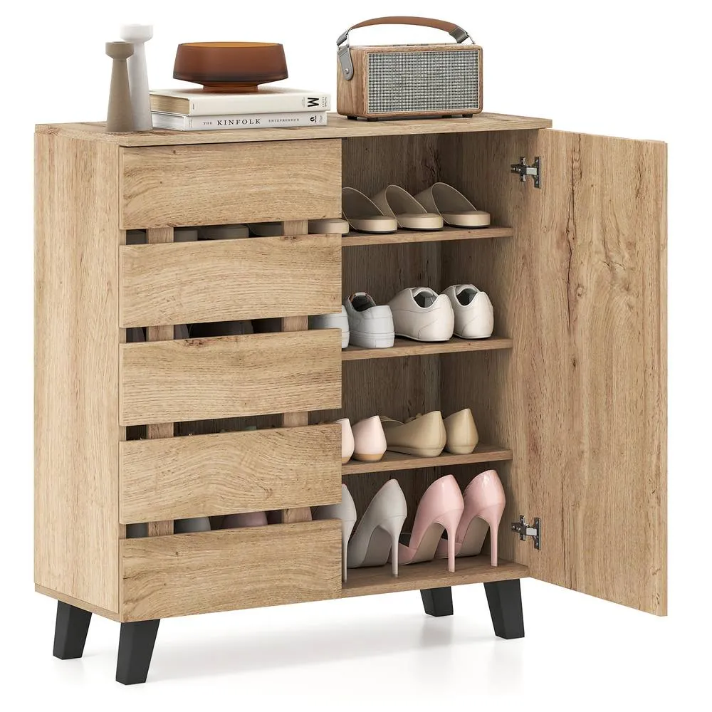 Costway 4-Tier Shoe Cabinet Wooden Shoe Storage Organizer w/Removable Shelves in Natural