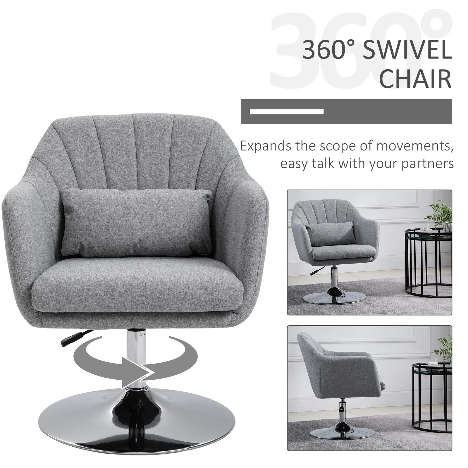 HOMCOM Stylish Retro Linen Swivel Tub Chair Steel Frame Cushion Seat in Light Grey 6
