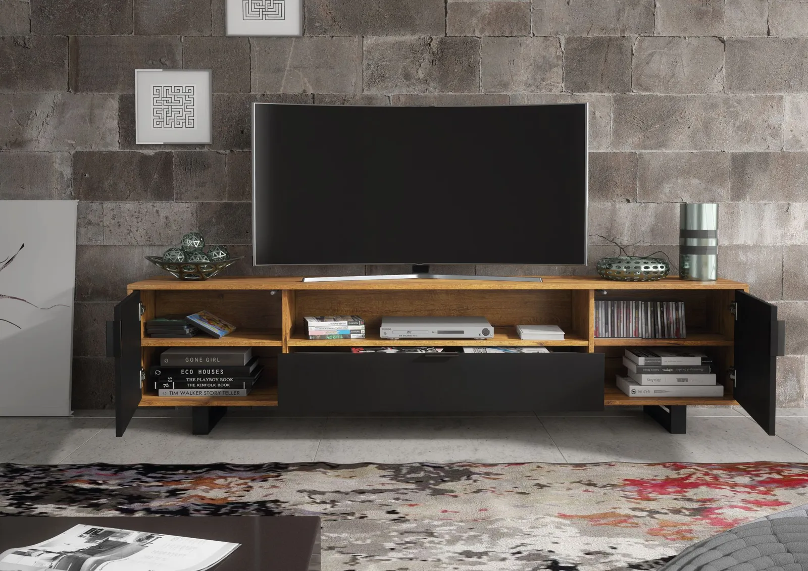 Creative Furniture Blackridge TV Unit 200cm - Dark Oak Body with Matte Black Fluted Fronts in Brown 5