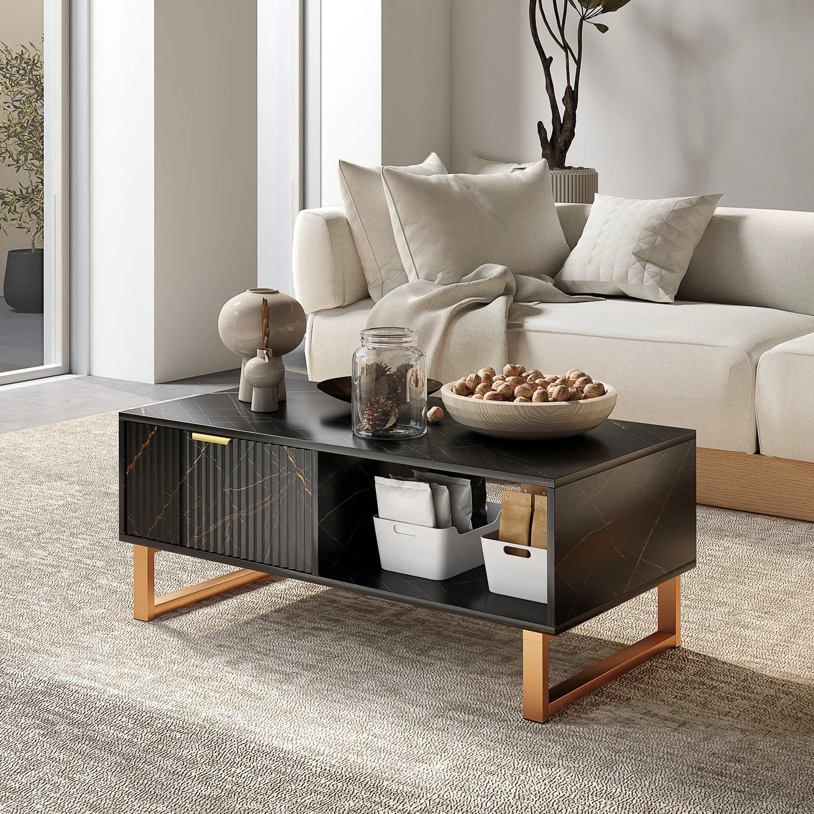 HOMCOM Coffee Table, Living Room Table with Drawer & Open Shelves in Black 1