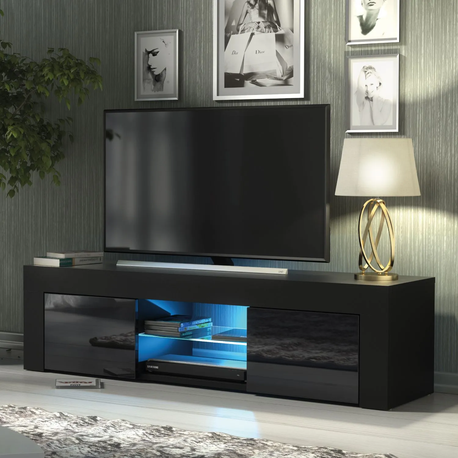 Creative Furniture Loom TV Unit 130cm - A Minimalist & Sophisticated Cabinet with Gloss Doors & LED Lights in Black