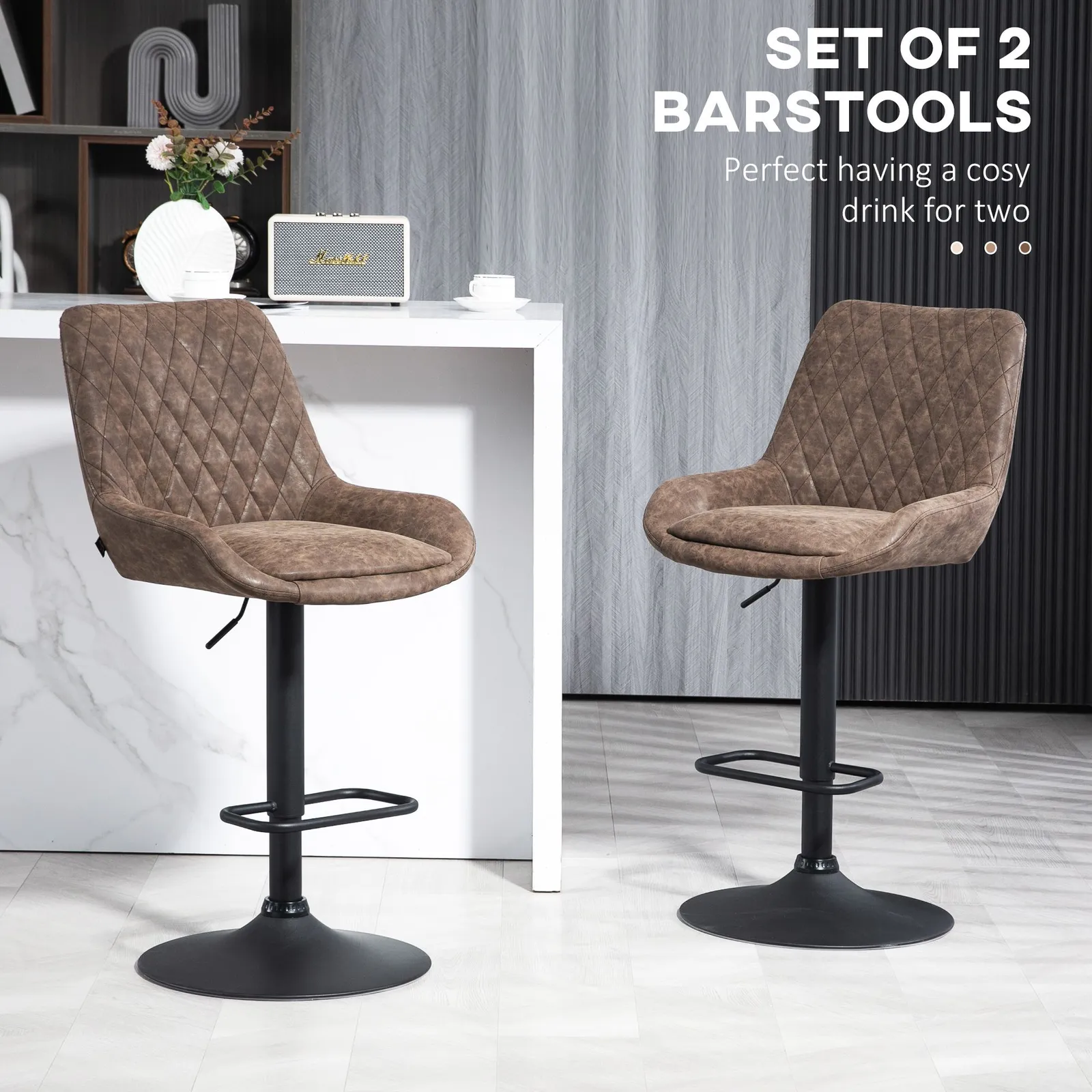 HOMCOM PU Leather Padded Bar Stools Set of 2 with Metal Base, Coffee in Brown 4