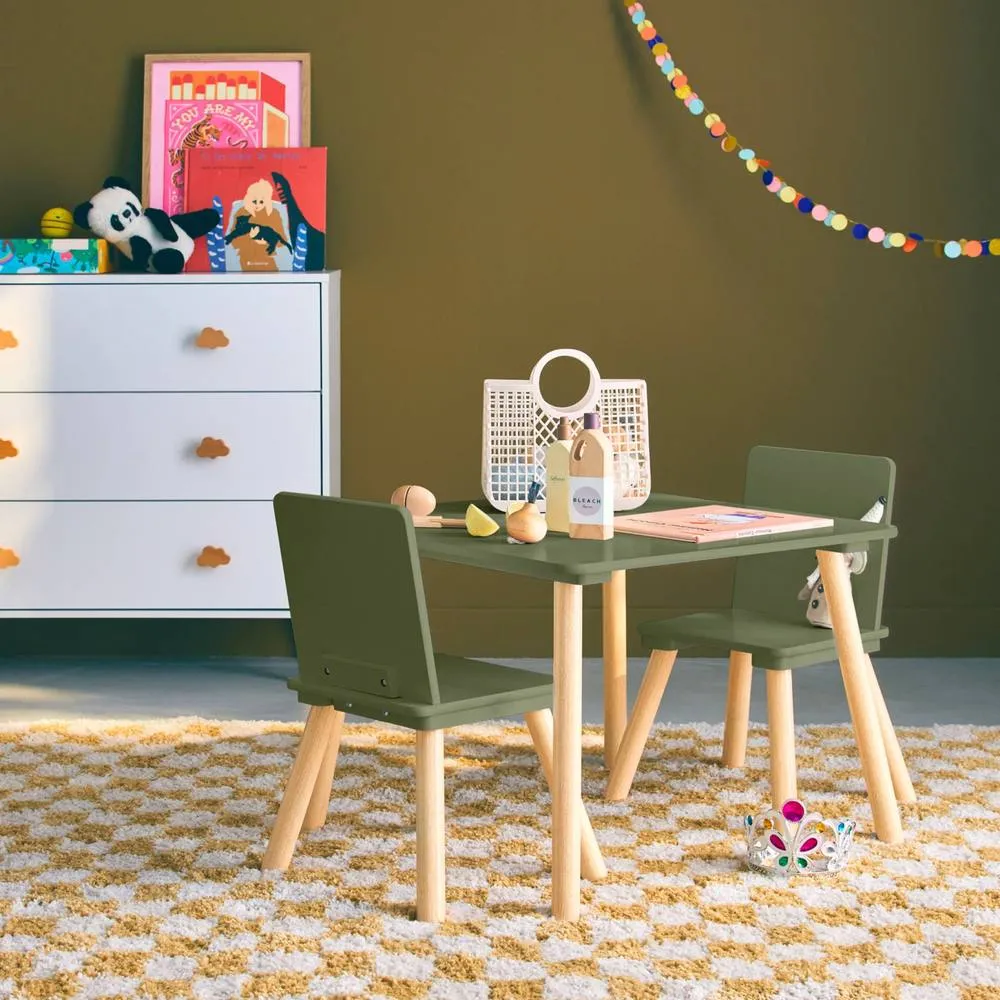 sweeek Children's square table with 2 chairs pine legs in Dark Green 3