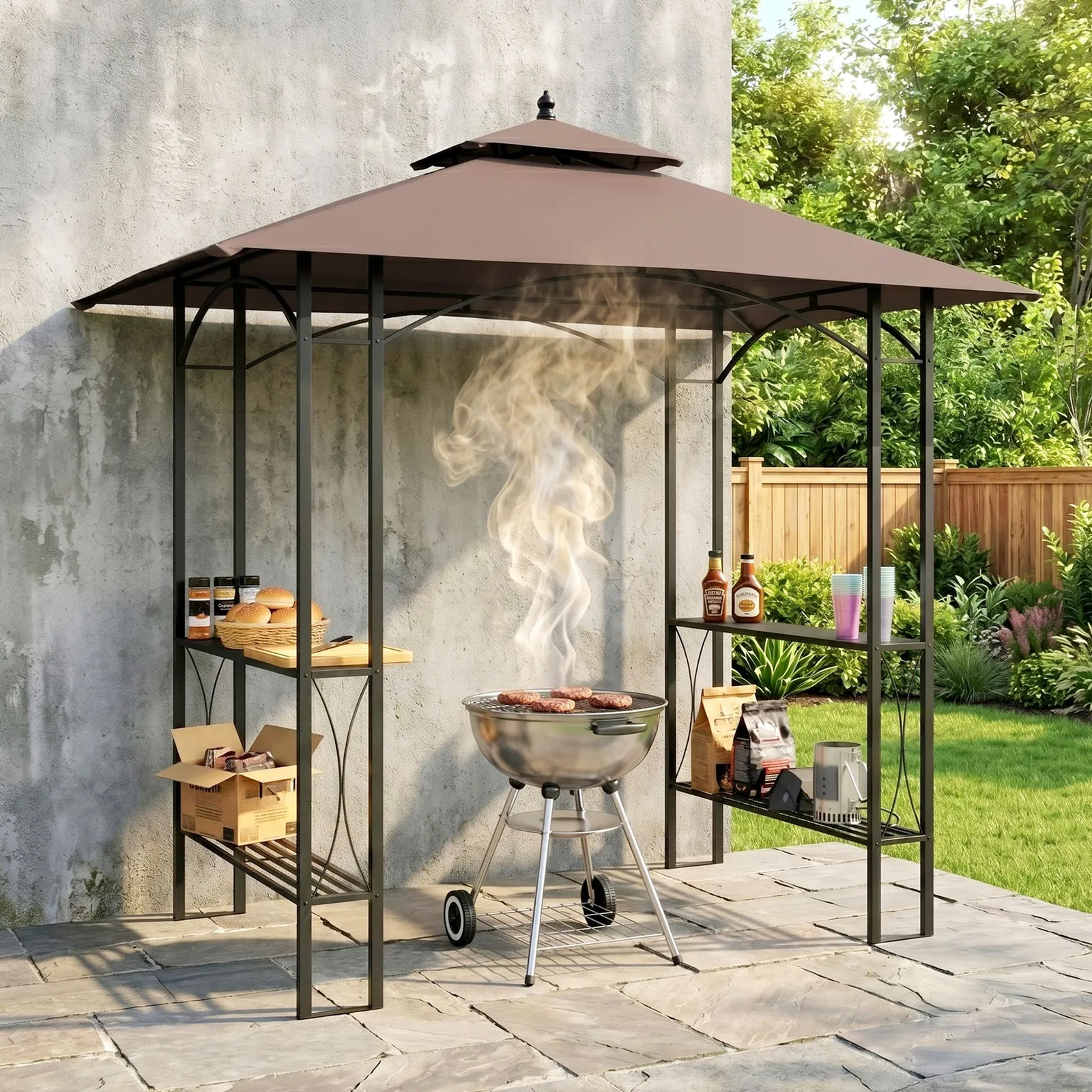 OUTSUNNY 2.5x1.5m BBQ Tent Canopy Patio Outdoor Awning Gazebo Sun Shelter in Brown