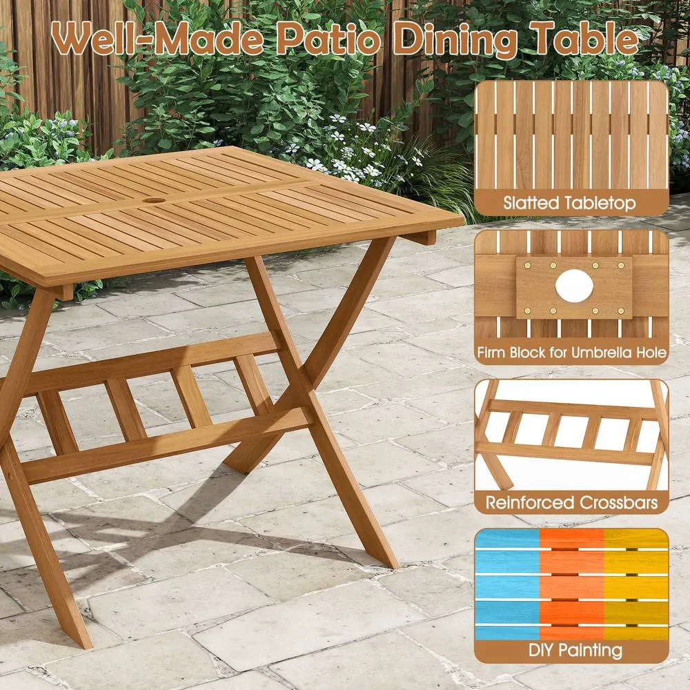 Costway Acacia Wood Folding Table 90CM Patio Dining Table w/Umbrella Hole in Natural 6
