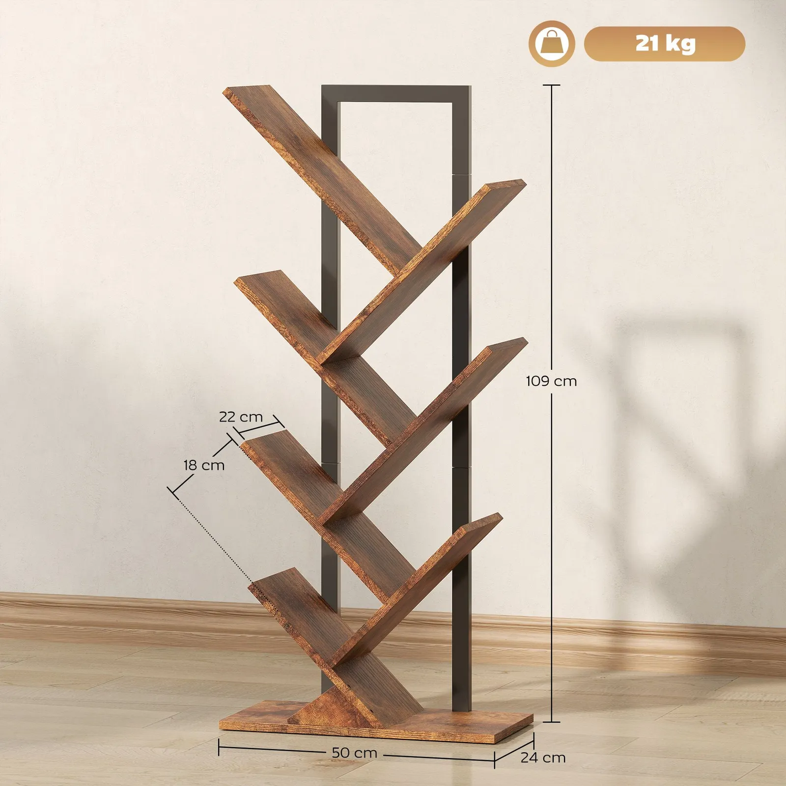 HOMCOM Tree Bookshelf with Steel Frame for Living Room, Rustic Brown 3