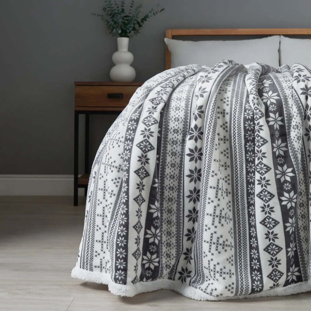 Christmas Fairisle Throw with Sherpa Back, Grey 1