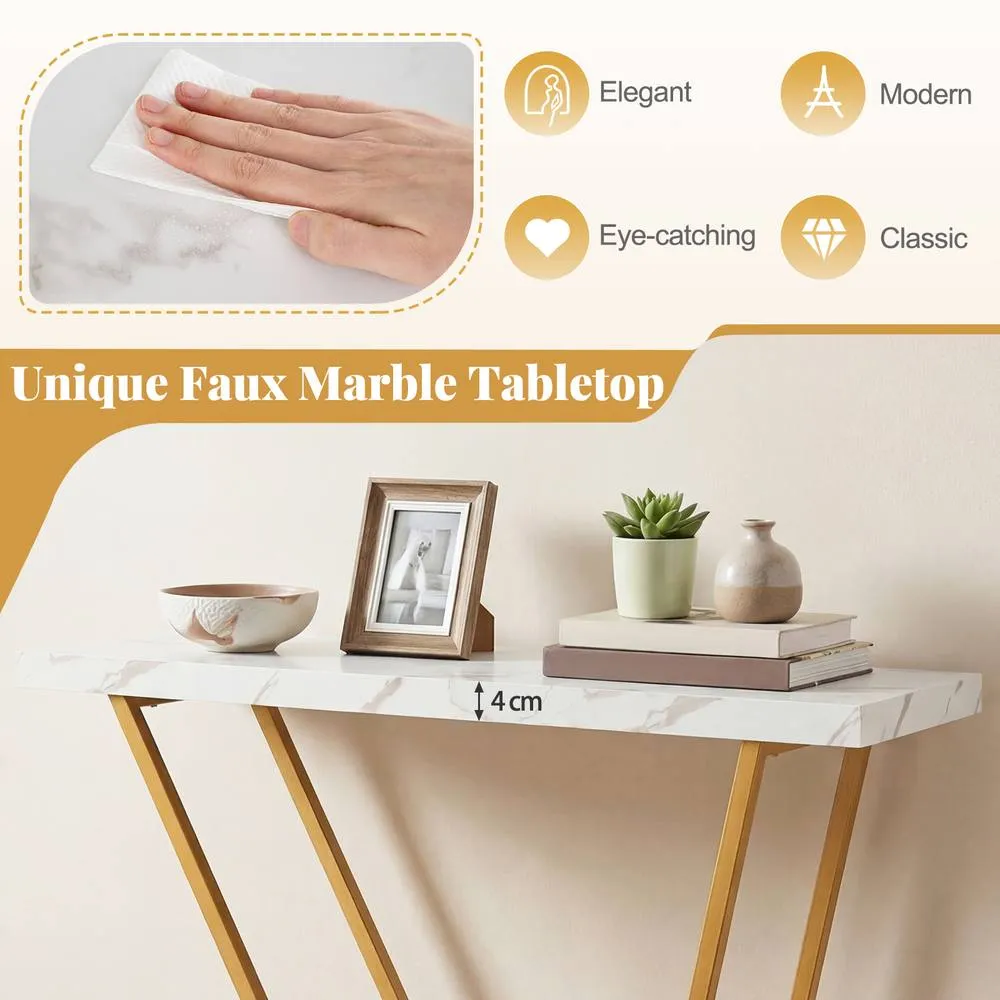 Costway 100CM Modern Console Table Faux Marble Entryway Table Sofa Side Table in White 2