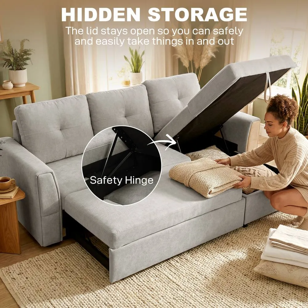 HOMCOM Linen-Look L-Shaped Sofa Bed with Storage Bed Sleeper Flat Studio in Grey 5