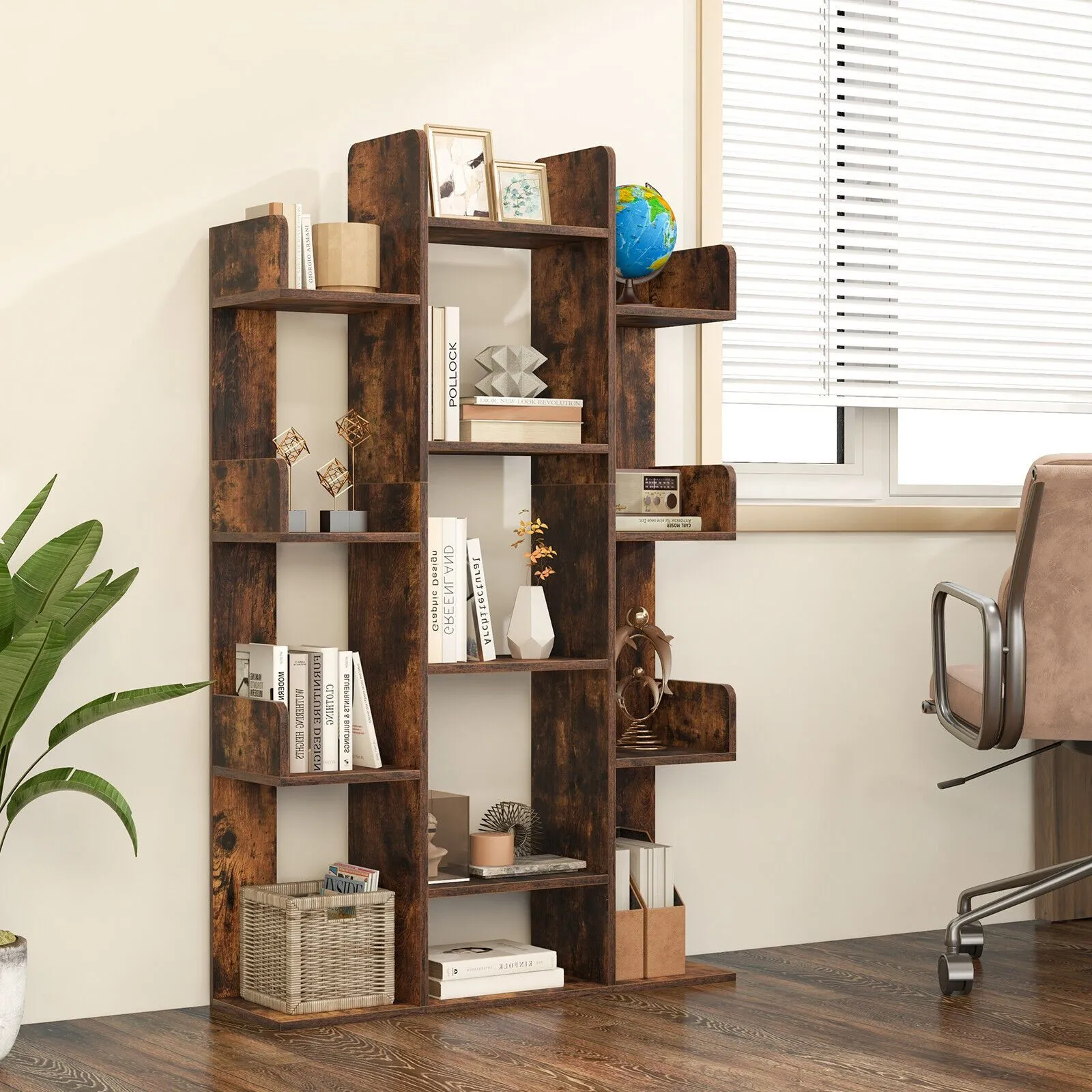 Costway Tree Bookshelf Tall Bookcase Corner Books Storage Organizer Display Cube Shelf in Brown 3