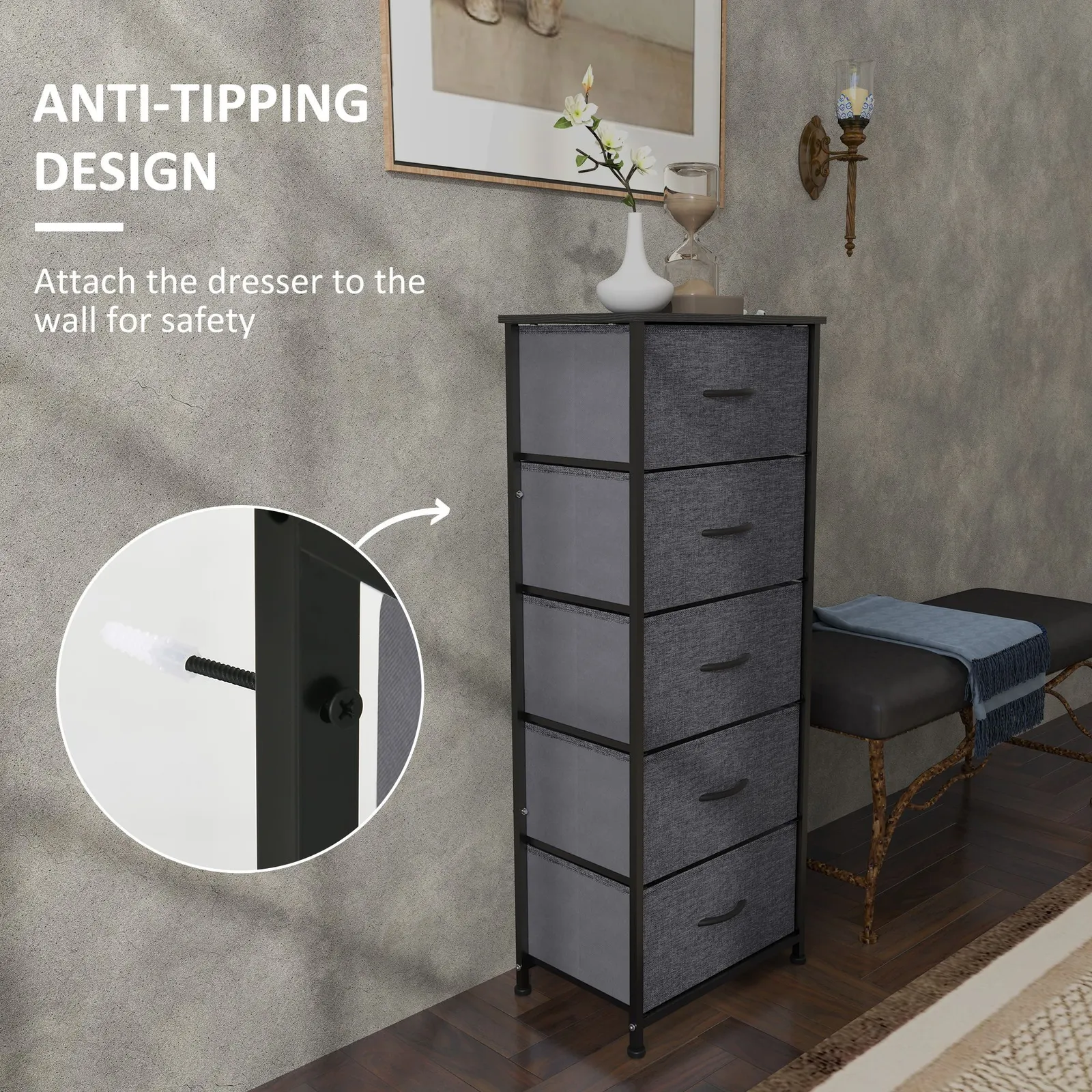HOMCOM 5 Drawer Fabric Chest of Drawers w/ Wooden Top, Dark Grey 5