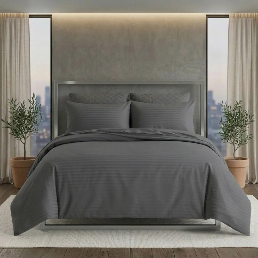 Snug City Luxury Satin Stripe Duvet Cover Set T250 Cotton Rich Soft Bed Linen in Grey