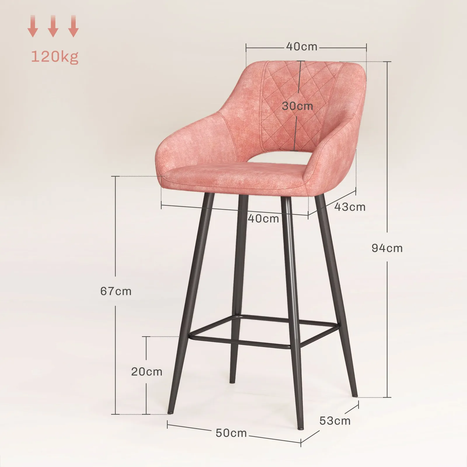 HOMCOM Stools Set of 2, Velvet-Touch Fabric Counter Height Bar Chairs in Pink 3