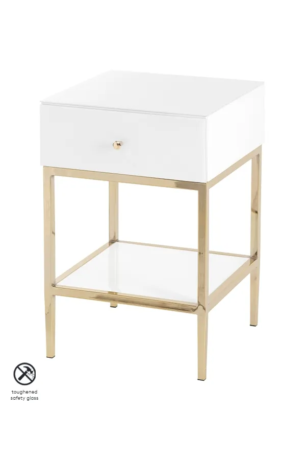Stiletto Toughened White Glass and Brass Side Table
