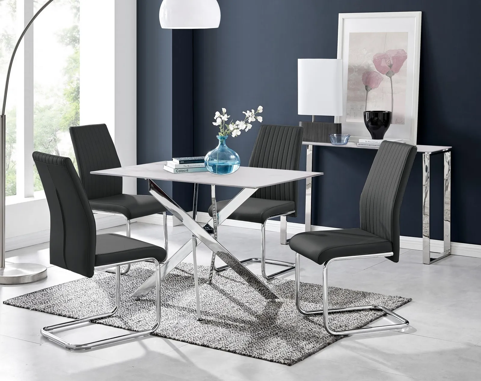 FurnitureboxUK Leonardo White Glass Marble Effect Silver Leg Table & 4 Lorenzo Chairs in Black 1