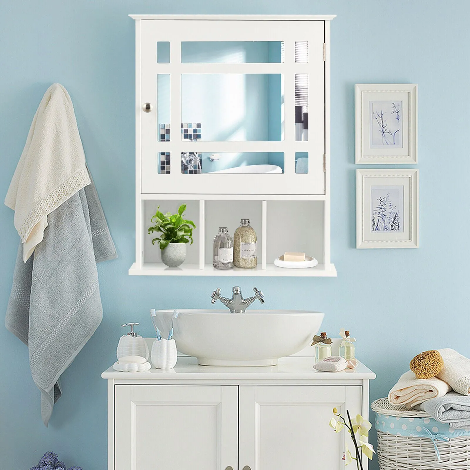 Costway Bathroom Wall Storage Cabinet Wooden Hanging Medicine Organizer with Mirror White 3