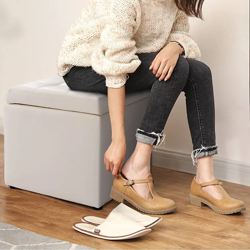 Costway Faux Leather Storage Ottoman Cube Pouffe Storage Toy Box Padded Foot Stool in Beige 2