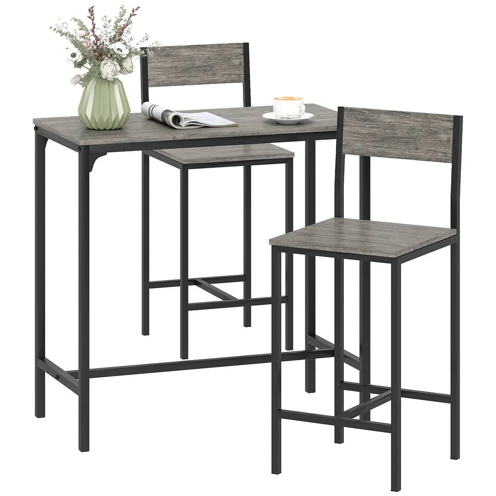 HOMCOM 3-Piece Bar Table Set with 2 Stools, Footrest in Charcoal 2