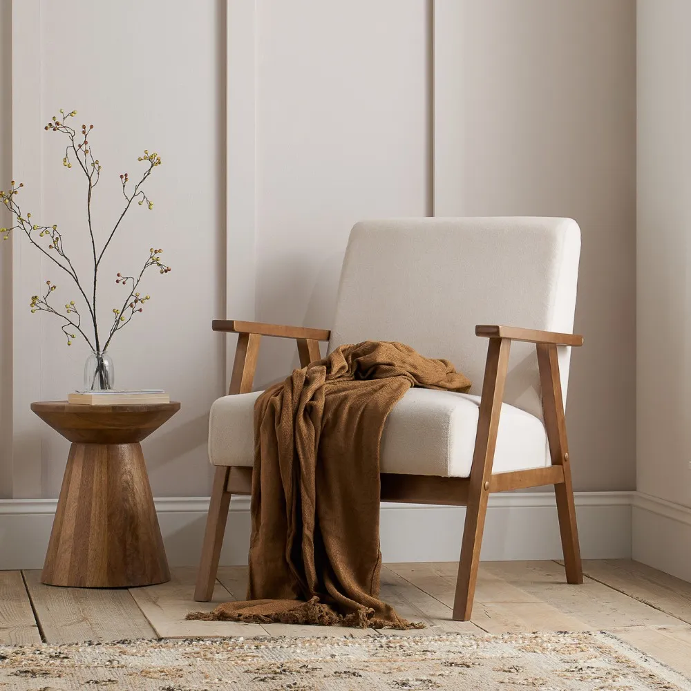 Ellwood – Fabric Armchair – Cream/Oak – Wooden/Fabric – Happy Beds