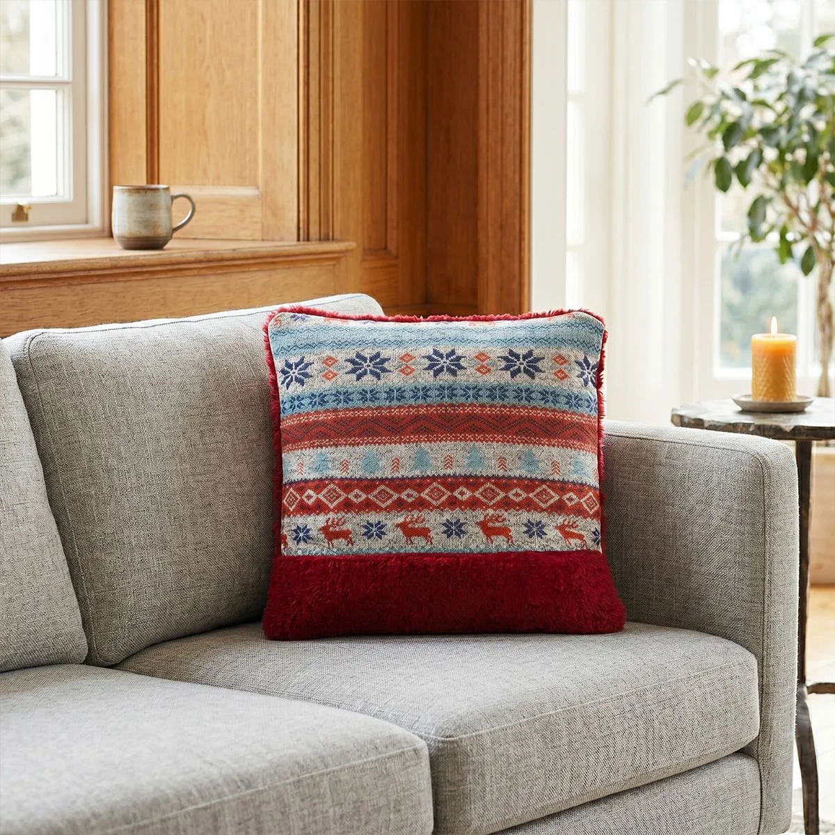 Orsina Fairisle Red Throw Cushion, Polyester Décor Cushion for Relaxing, Washable Cushion for Sofa, Bed, Chair