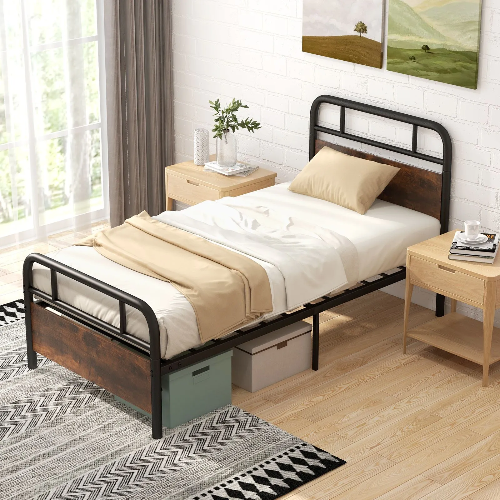 Costway Single Size Bed Frame Platform Metal Slats Support Bed W/ Industrial Headboard in Black 6