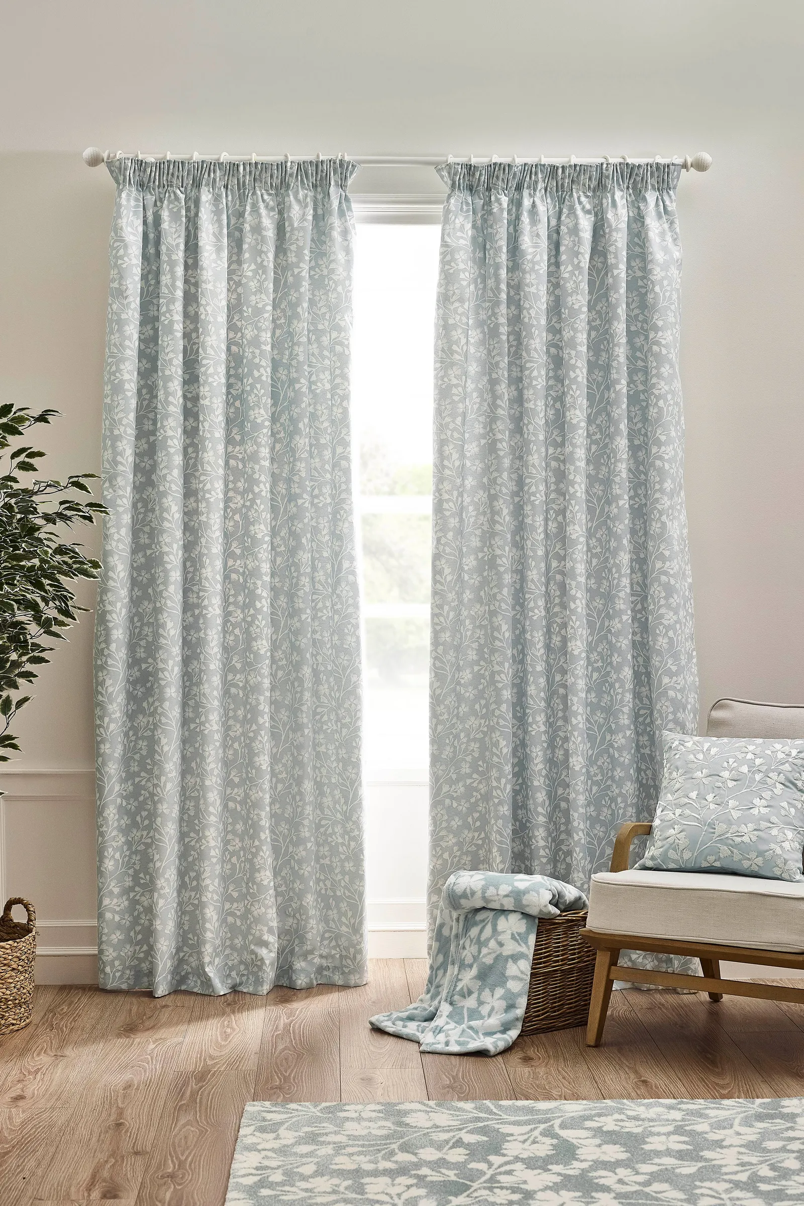 Catherine Lansfield 'Brooke Floral' Lined Pencil Pleat Curtains in Duck Egg Blue