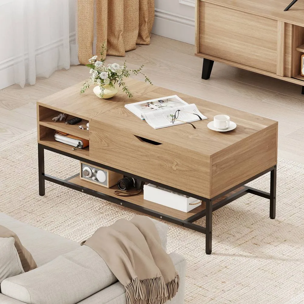 Costway Lift Top Coffee Table Living Room Table w/ Storage Shelf in Natural 3