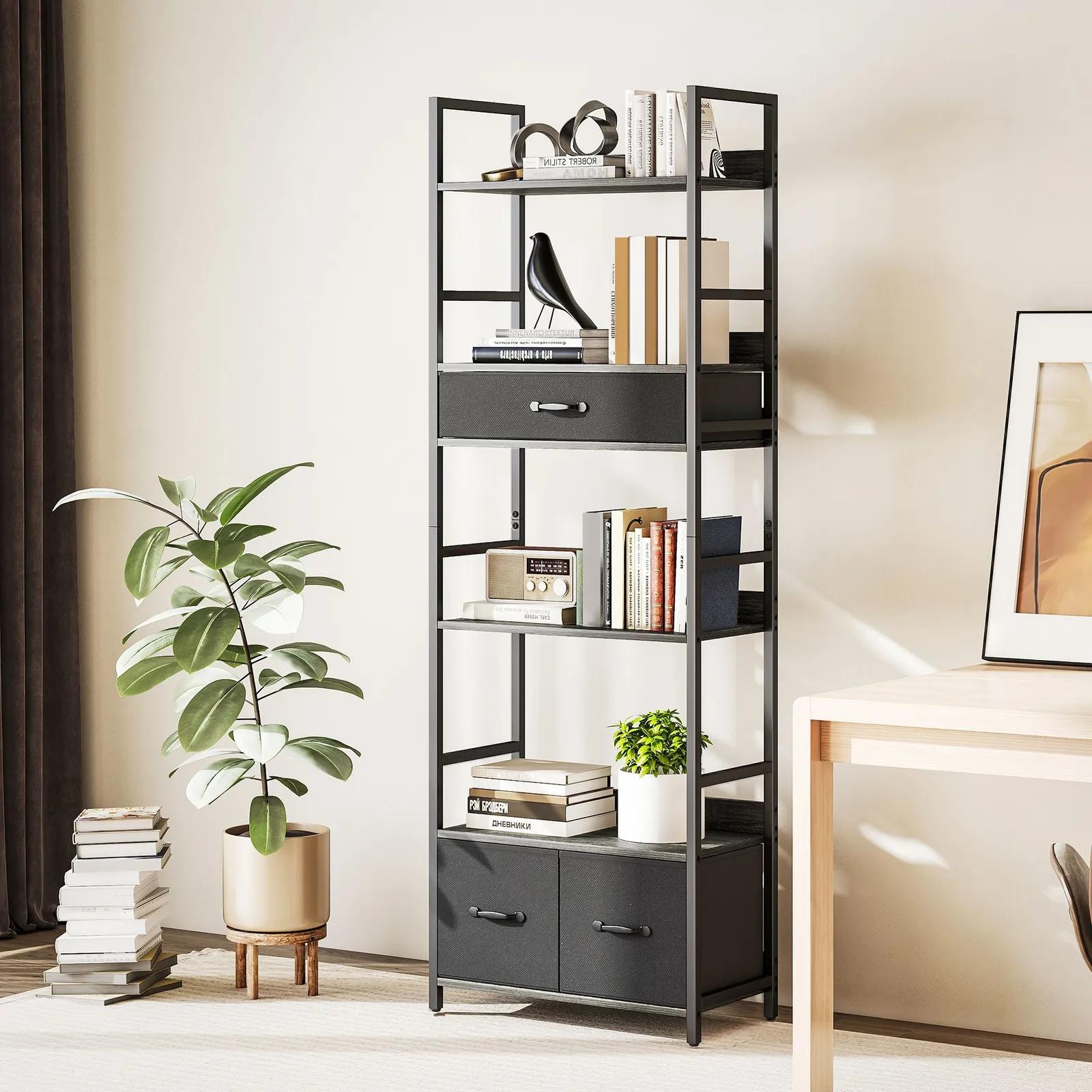 HOMCOM Industrial Bookshelf with 4 Shelves & 3 Fabric Drawers Grey