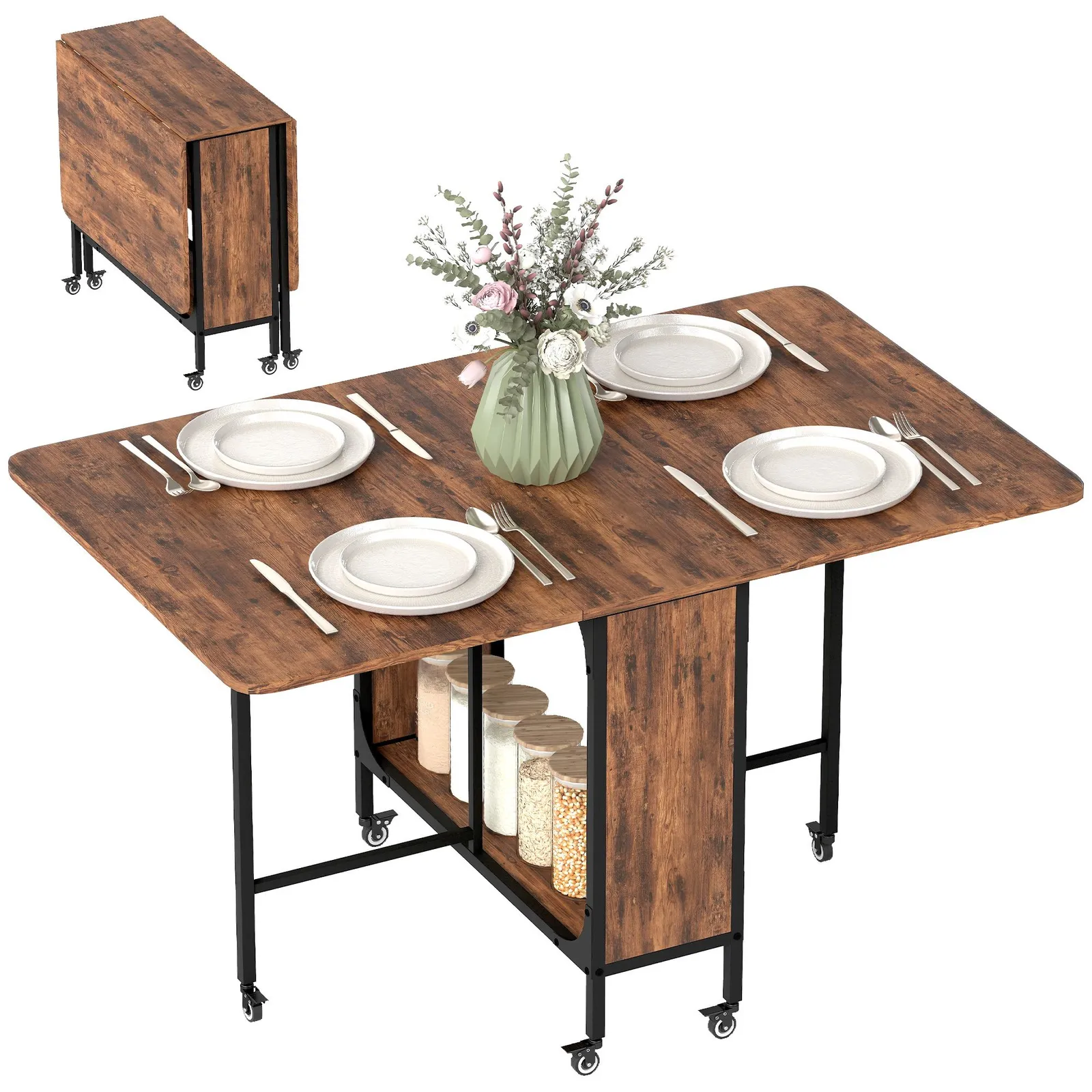 HOMCOM Mobile Drop Leaf Dining Table on Wheels with Storage Shelf in Dark Brown 2