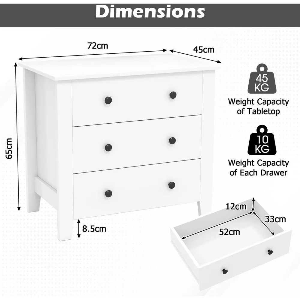 Costway 3-Drawer Dresser Modern Large Nightstand Storage in White 4