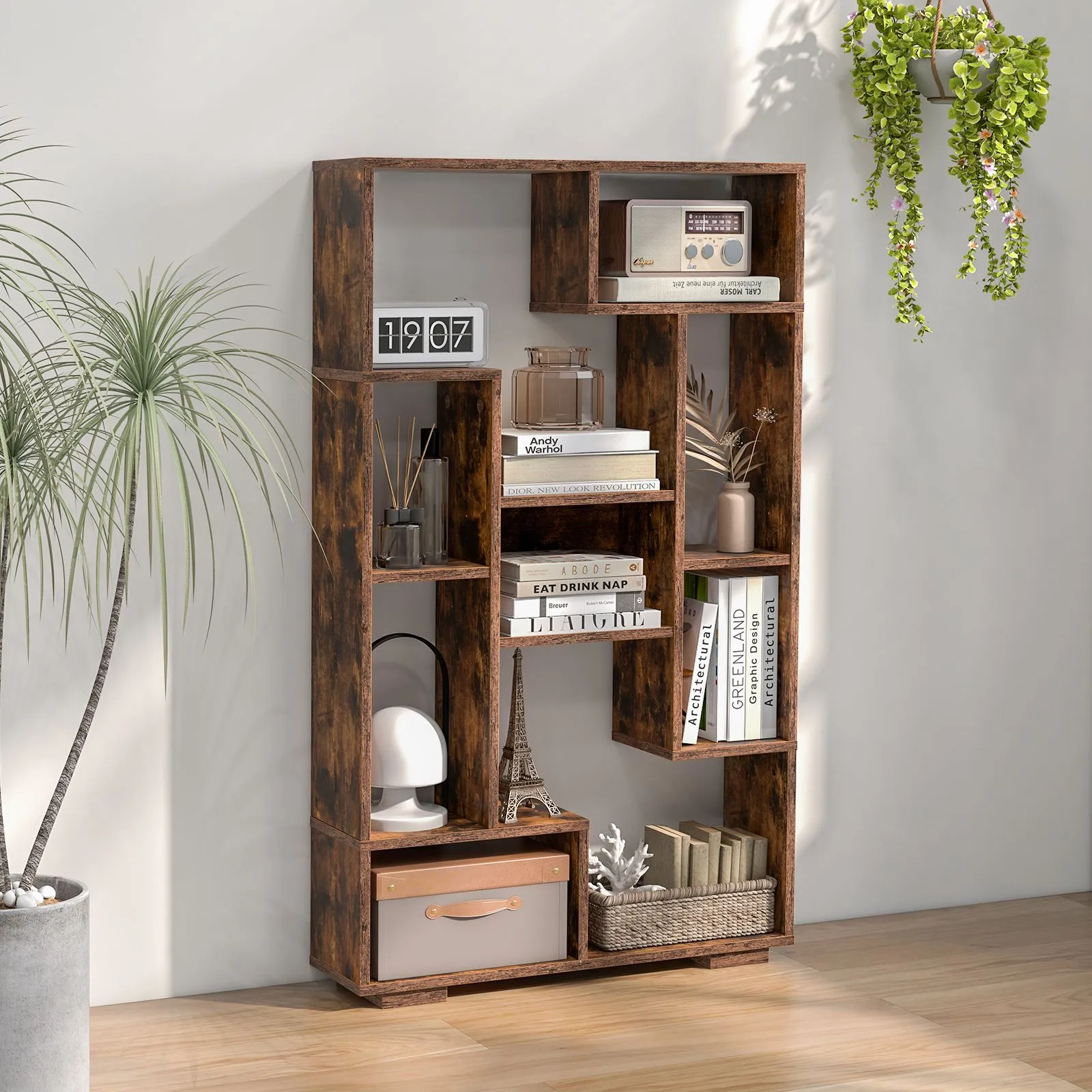 Costway Modern Geometric Bookcase Book Storage Organizer Shelf 120cm Tall Bookshelf in Brown 3