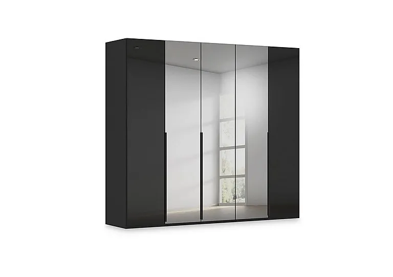 Haven 251cm 5 Door Hinged Wardrobe with 2 Glass Doors and 3 Mirror Doors - Black Glass