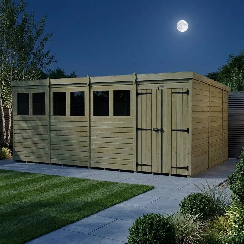 Buttercup Farm 16ft x 10ft Pent Garden Shed Double Door With Windows - Timber in Brown 3