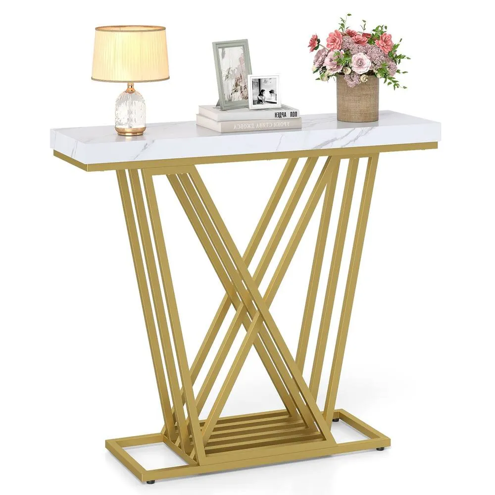Costway Gold Console Table Modern Sofa Table Entryway Table in White 2