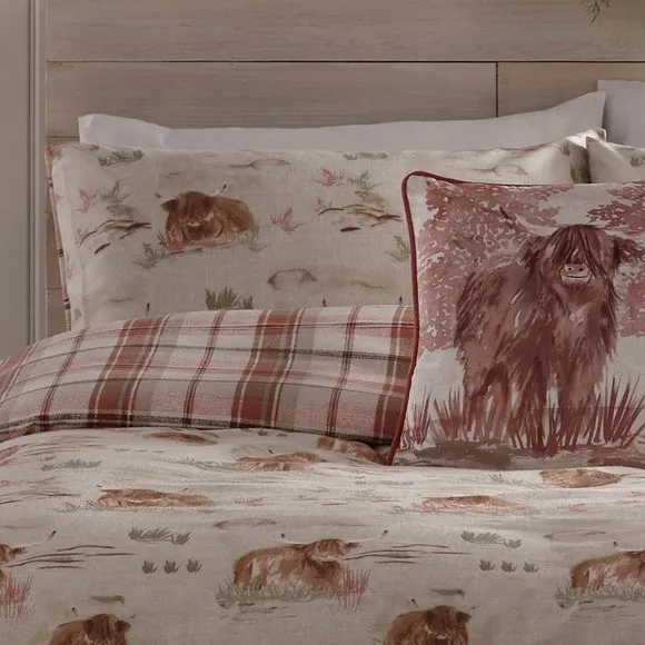 Dreams & Drapes Lodge Hanson Highland Cow Terracotta 100% Brushed Cotton Duvet Cover & Pillowcase Set 2