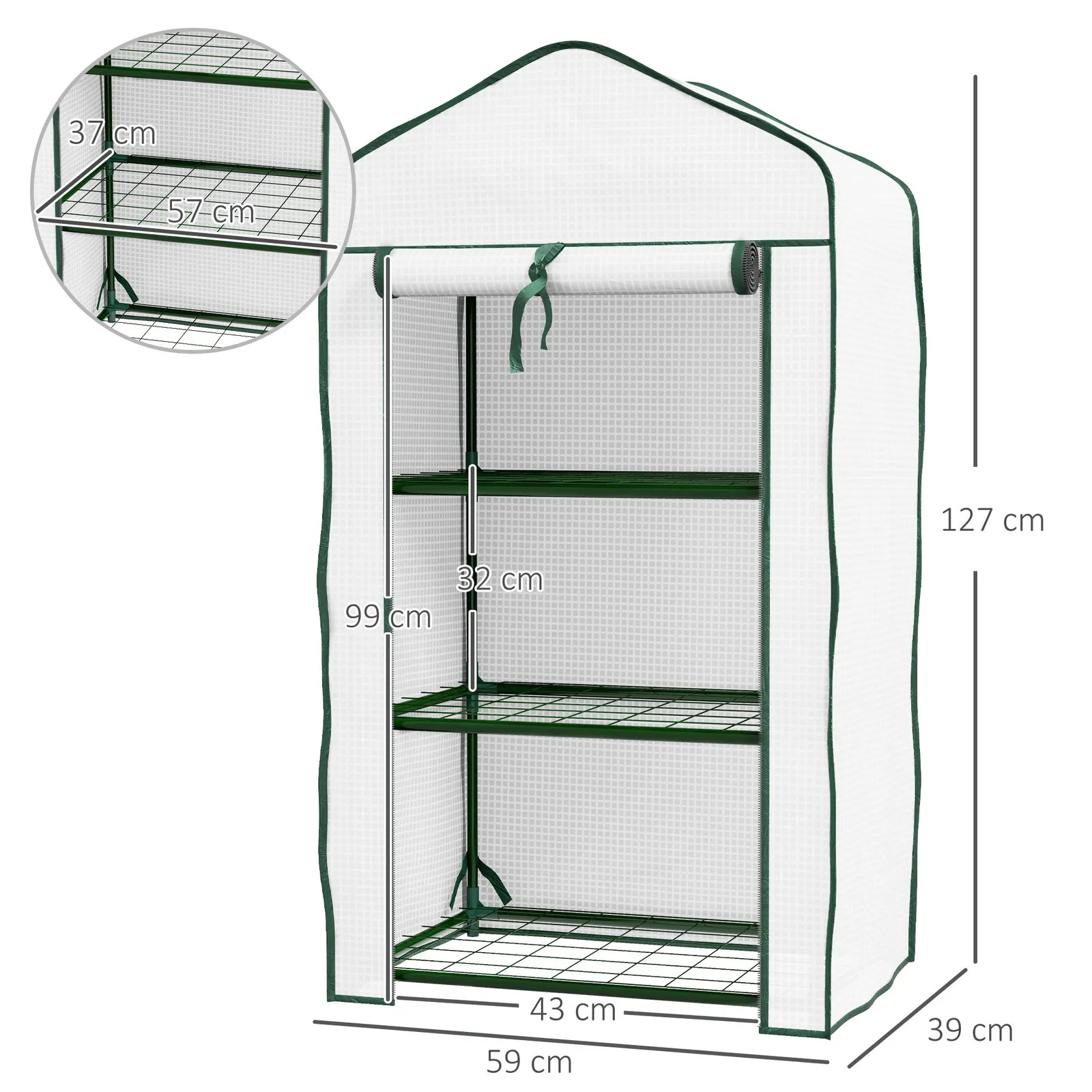 OUTSUNNY Portable Mini Greenhouse with Roll-up Door & Wire Shelves, White 3