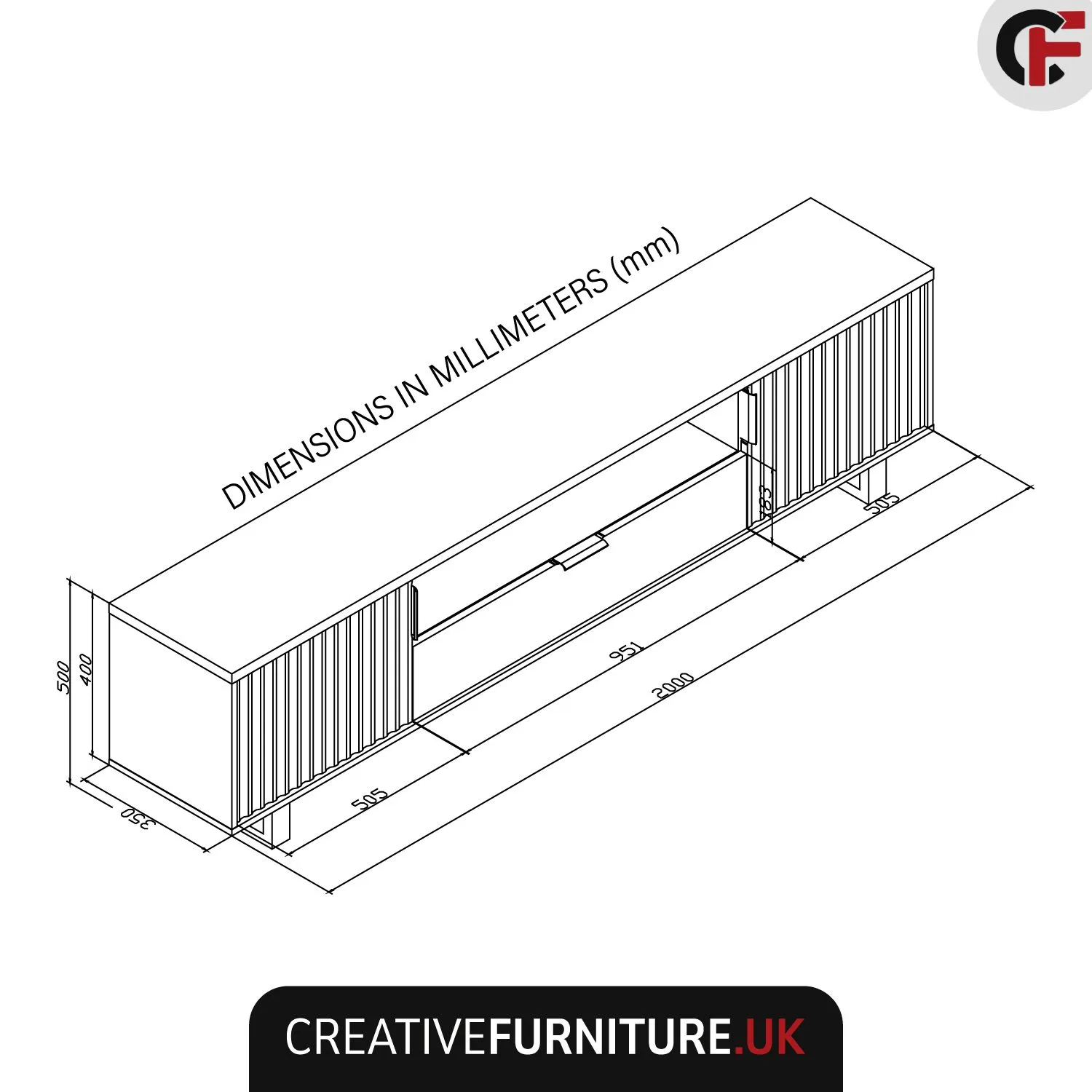 Creative Furniture Blackridge TV Unit 200cm - Dark Oak Body with Matte Black Fluted Fronts in Brown 4