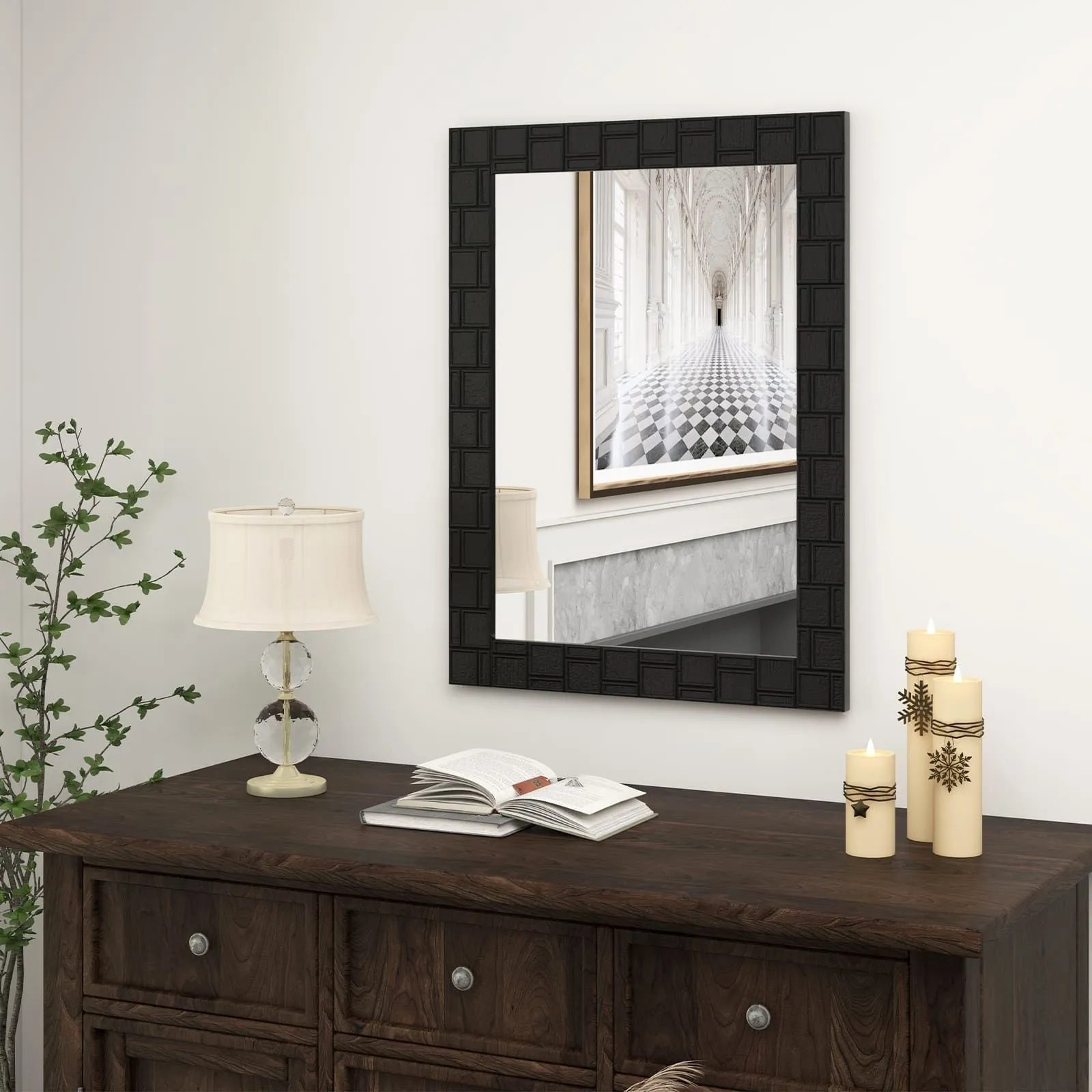 Costway Wooden Framed Wall Mirror 80 x 60 cm Bathroom Rectangular Mirror in Black 4