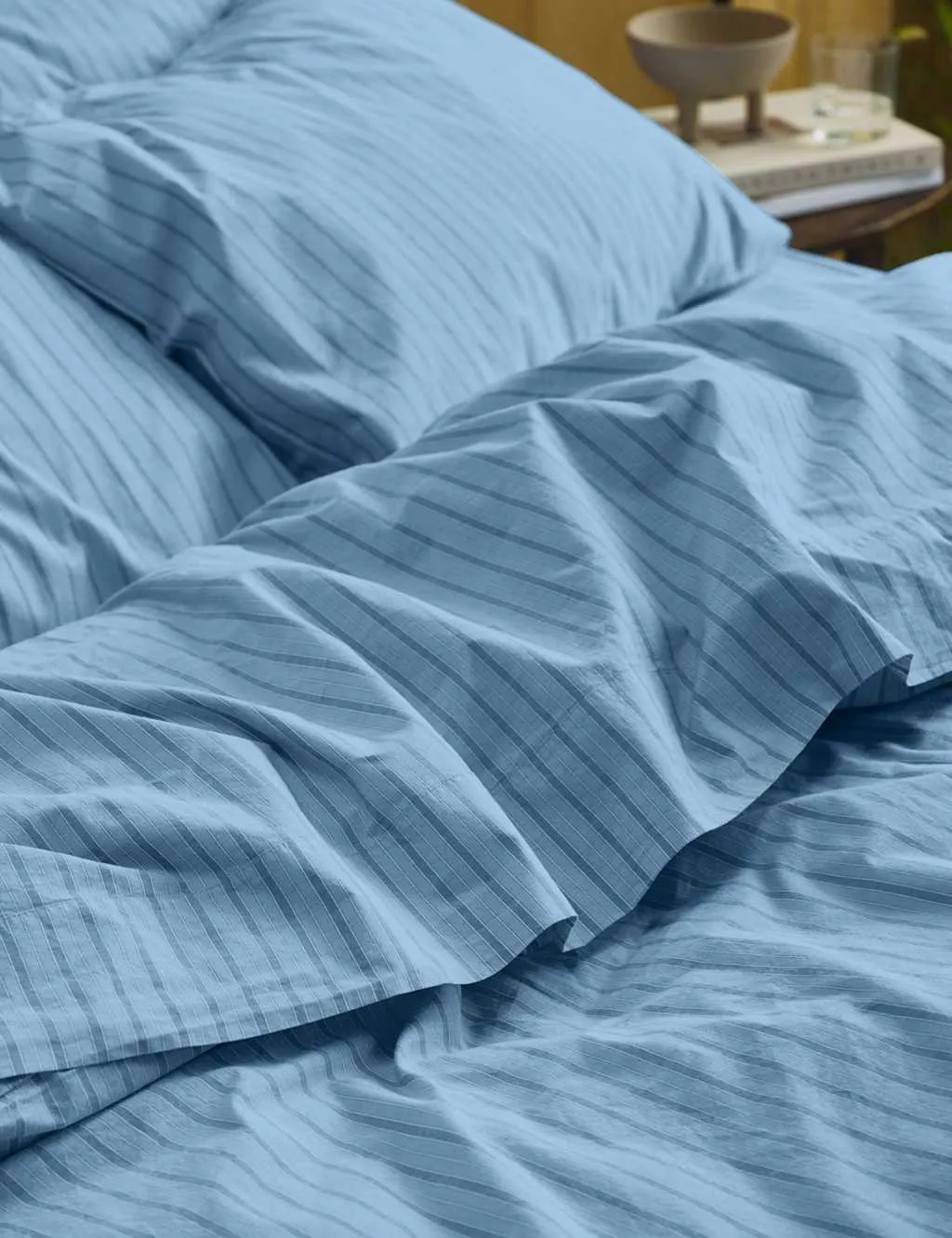 Piglet In Bed Washed Cotton Striped Flat Sheet Blue Mix