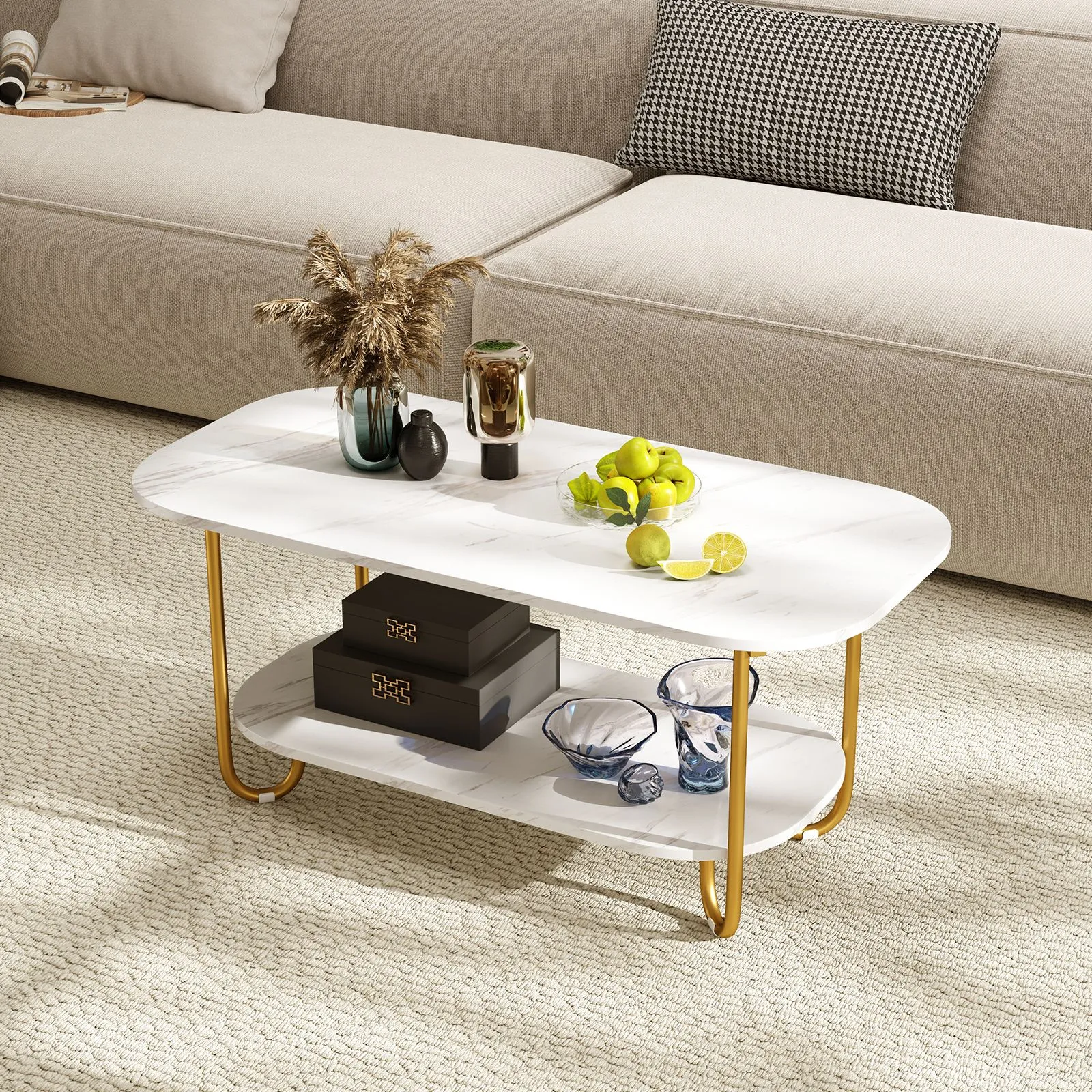 Costway Faux Marble Top Coffee Table Office Modern 2-tier Tea Table-White in White 4