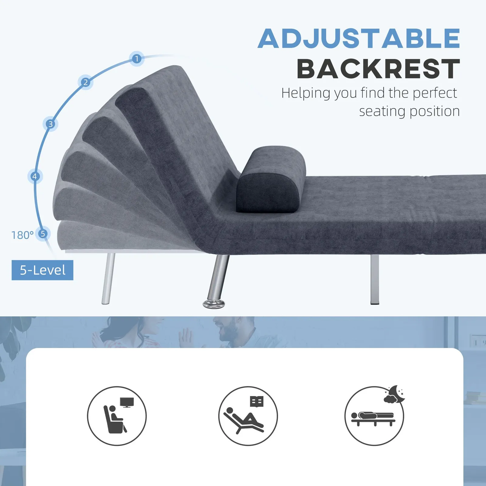 HOMCOM Folding 5 Position Convertible Sleeper Chair Charcoal Grey 5