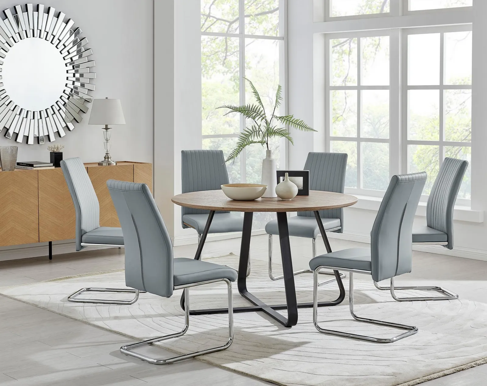 FurnitureboxUK Santorini Brown Wood Effect Dining Table & 6 Black Lorenzo Chairs in Grey 1