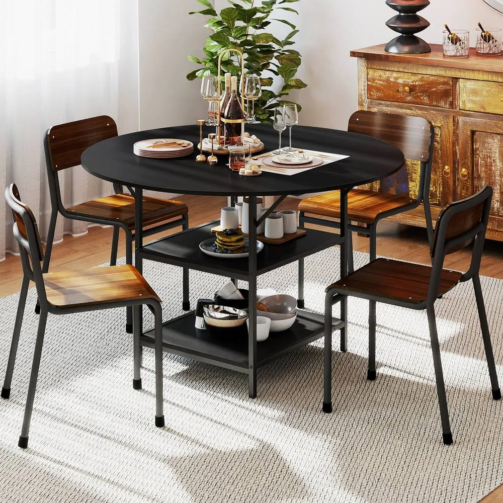 Costway 120 CM Round Dining Table Modern Kitchen Table w/ 2 Storage Shelf in Black 4