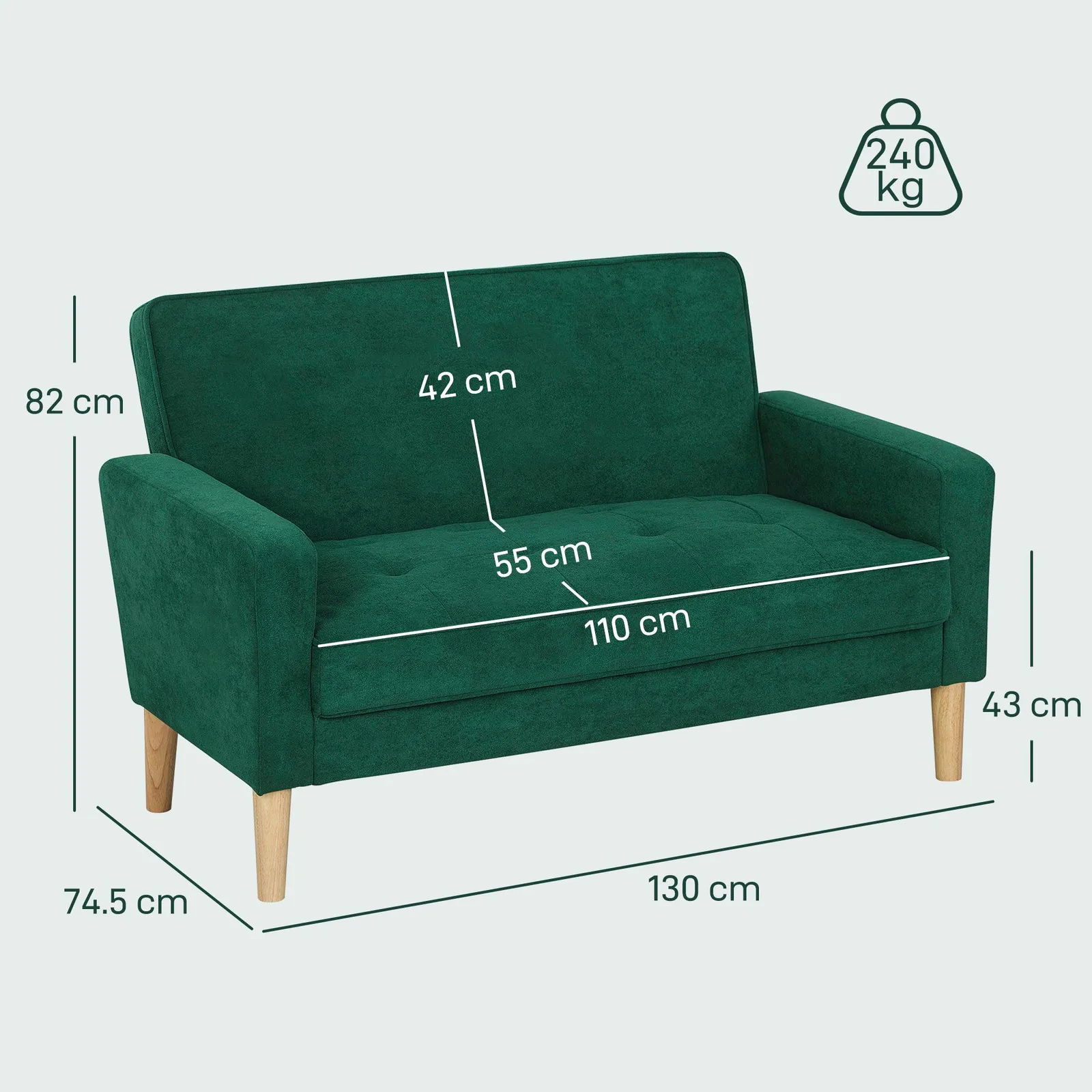 HOMCOM 2 Seater Sofa, Velvet Upholstered Loveseat for Small Space in Green 3